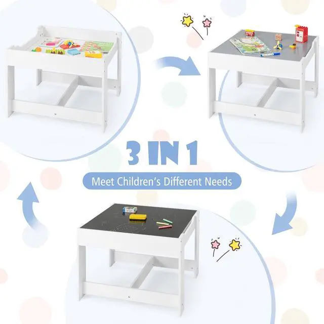 Alt view image 4 of 6 - Kids Table and Chairs, 3-in-1 Children Wooden Activity Set with Storage, Detachable Tabletop, for Art, Craft, Drawing, Reading, Gift for Toddlers Boys Girls 3-7 Years Old (Grey)