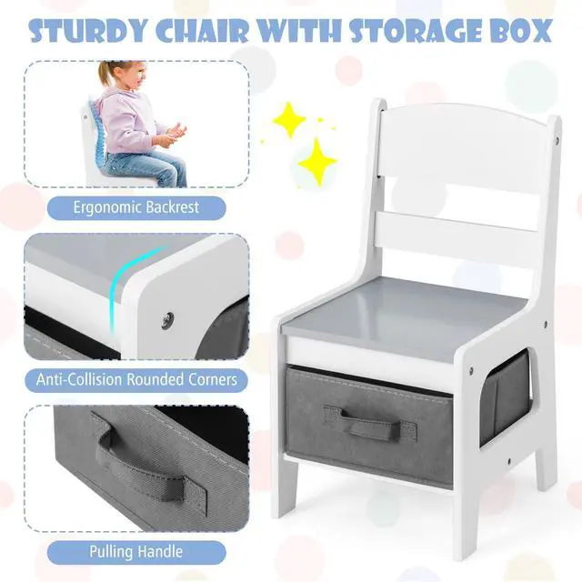 Alt view image 5 of 6 - Kids Table and Chairs, 3-in-1 Children Wooden Activity Set with Storage, Detachable Tabletop, for Art, Craft, Drawing, Reading, Gift for Toddlers Boys Girls 3-7 Years Old (Grey)
