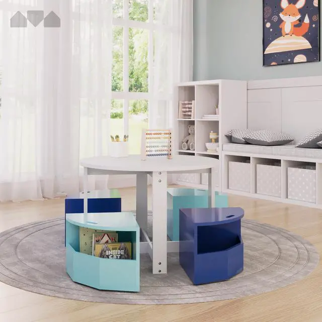 Alt view image 4 of 6 - Toddler Table and Chair Set Round Kids Activity Table With 4 Storage Stools, Nesting Design for Toddlers, Kids Play Table with Storage - Space-Saving Playroom Kids Furniture - (Blue)