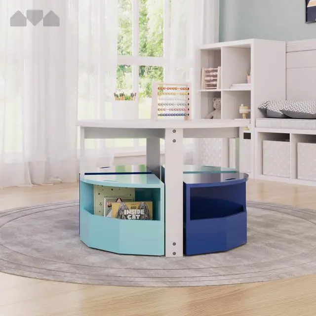Alt view image 6 of 6 - Toddler Table and Chair Set Round Kids Activity Table With 4 Storage Stools, Nesting Design for Toddlers, Kids Play Table with Storage - Space-Saving Playroom Kids Furniture - (Blue)