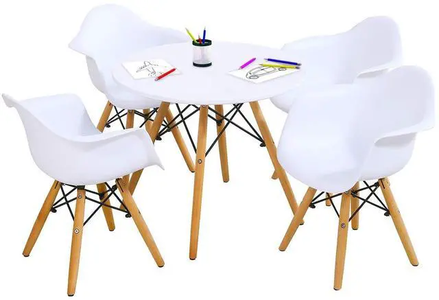 Main image of Kids Table and Chair Set, Mid-Century Modern Style Table Set Round Table with Armchairs for Toddler Children, Kids Dining Table and Chair Set (White, Table & 4 Chairs)