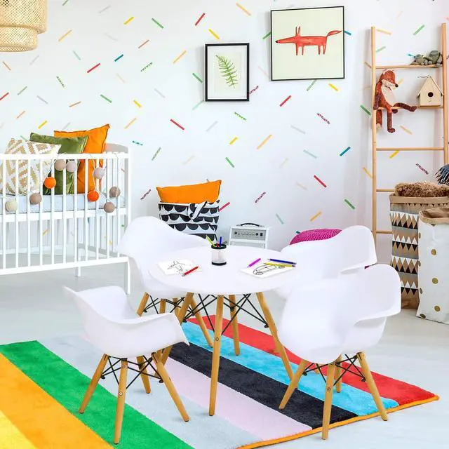 Alt view image 2 of 6 - Kids Table and Chair Set, Mid-Century Modern Style Table Set Round Table with Armchairs for Toddler Children, Kids Dining Table and Chair Set (White, Table & 4 Chairs)