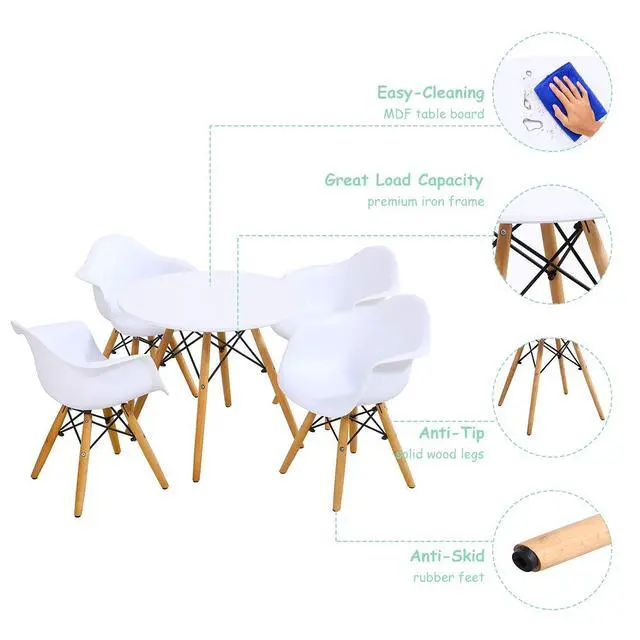 Alt view image 3 of 6 - Kids Table and Chair Set, Mid-Century Modern Style Table Set Round Table with Armchairs for Toddler Children, Kids Dining Table and Chair Set (White, Table & 4 Chairs)