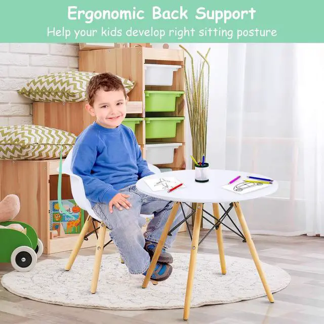 Alt view image 5 of 6 - Kids Table and Chair Set, Mid-Century Modern Style Table Set Round Table with Armchairs for Toddler Children, Kids Dining Table and Chair Set (White, Table & 4 Chairs)