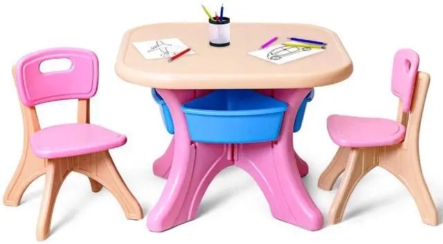 Main image of Kids Table and Chairs, 3 PCS Activity Desk Set w/ 4 Detachable Storage Bins for Indoor Outdoor Play Art Crafts Picnic Patio, Lightweight Toddler Table and Chair Set (Pink & Blue)