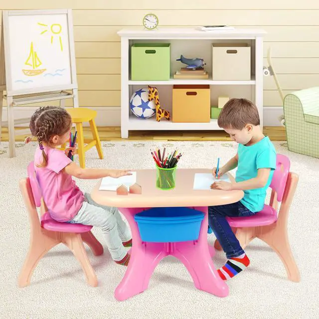 Alt view image 3 of 6 - Kids Table and Chairs, 3 PCS Activity Desk Set w/ 4 Detachable Storage Bins for Indoor Outdoor Play Art Crafts Picnic Patio, Lightweight Toddler Table and Chair Set (Pink & Blue)