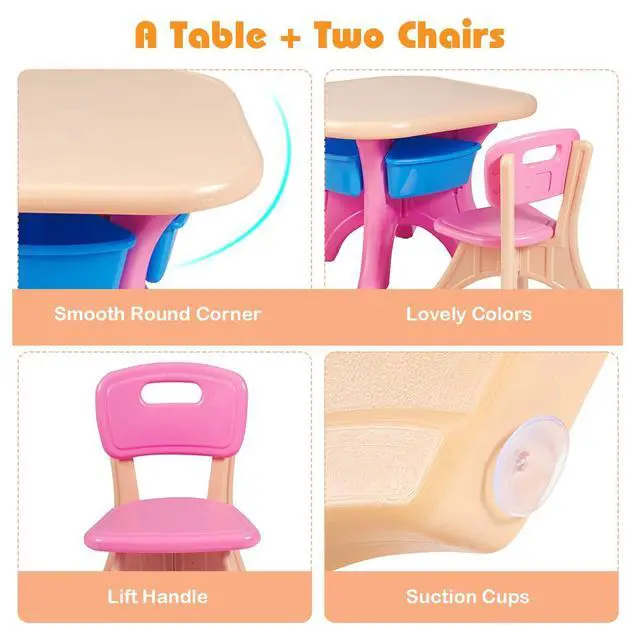 Alt view image 4 of 6 - Kids Table and Chairs, 3 PCS Activity Desk Set w/ 4 Detachable Storage Bins for Indoor Outdoor Play Art Crafts Picnic Patio, Lightweight Toddler Table and Chair Set (Pink & Blue)