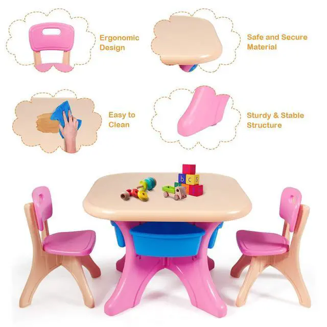 Alt view image 5 of 6 - Kids Table and Chairs, 3 PCS Activity Desk Set w/ 4 Detachable Storage Bins for Indoor Outdoor Play Art Crafts Picnic Patio, Lightweight Toddler Table and Chair Set (Pink & Blue)