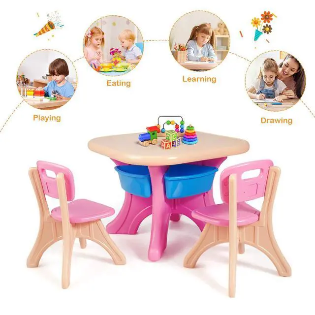 Alt view image 6 of 6 - Kids Table and Chairs, 3 PCS Activity Desk Set w/ 4 Detachable Storage Bins for Indoor Outdoor Play Art Crafts Picnic Patio, Lightweight Toddler Table and Chair Set (Pink & Blue)