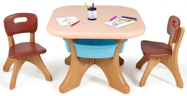 Main image of Kids Table and Chairs, 3 PCS Activity Desk Set w/ 4 Detachable Storage Bins for Indoor Outdoor Play Art Crafts Picnic Patio, Lightweight Toddler Table and Chair Set (Coffee & Blue)