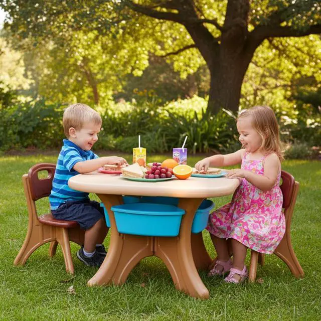 Alt view image 2 of 6 - Kids Table and Chairs, 3 PCS Activity Desk Set w/ 4 Detachable Storage Bins for Indoor Outdoor Play Art Crafts Picnic Patio, Lightweight Toddler Table and Chair Set (Coffee & Blue)