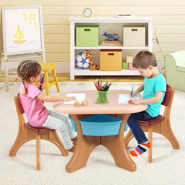 Alt view image 3 of 6 - Kids Table and Chairs, 3 PCS Activity Desk Set w/ 4 Detachable Storage Bins for Indoor Outdoor Play Art Crafts Picnic Patio, Lightweight Toddler Table and Chair Set (Coffee & Blue)