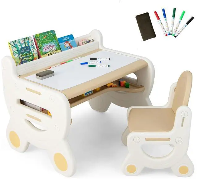Main image of Toddler Table and Chair Set, Plastic Activity Desk w/Whiteboard, Watercolor Pens, Blackboard Eraser & Storage Shelf for Drawing Reading Dinning, Kids Table and Chair (Coffee)