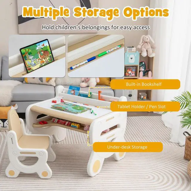 Alt view image 2 of 6 - Toddler Table and Chair Set, Plastic Activity Desk w/Whiteboard, Watercolor Pens, Blackboard Eraser & Storage Shelf for Drawing Reading Dinning, Kids Table and Chair (Coffee)