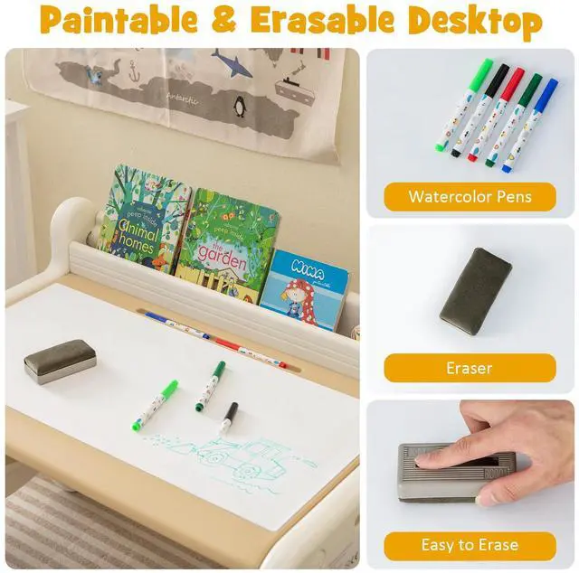 Alt view image 3 of 6 - Toddler Table and Chair Set, Plastic Activity Desk w/Whiteboard, Watercolor Pens, Blackboard Eraser & Storage Shelf for Drawing Reading Dinning, Kids Table and Chair (Coffee)