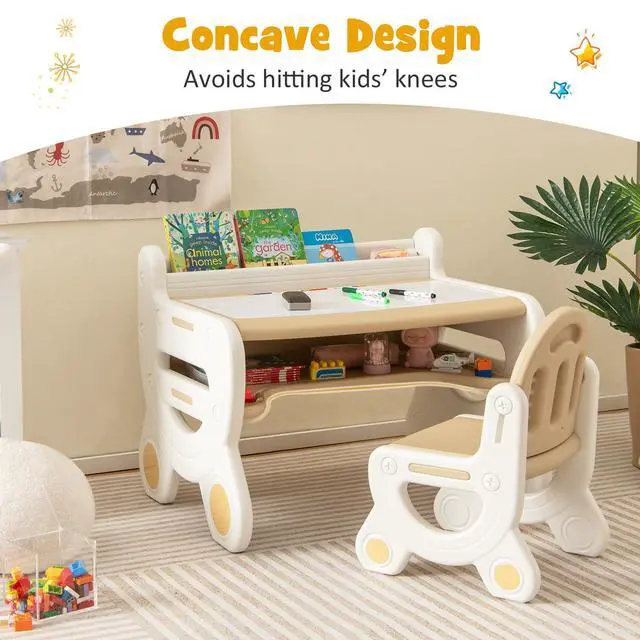 Alt view image 4 of 6 - Toddler Table and Chair Set, Plastic Activity Desk w/Whiteboard, Watercolor Pens, Blackboard Eraser & Storage Shelf for Drawing Reading Dinning, Kids Table and Chair (Coffee)