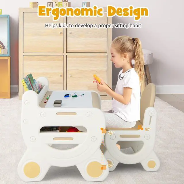 Alt view image 5 of 6 - Toddler Table and Chair Set, Plastic Activity Desk w/Whiteboard, Watercolor Pens, Blackboard Eraser & Storage Shelf for Drawing Reading Dinning, Kids Table and Chair (Coffee)