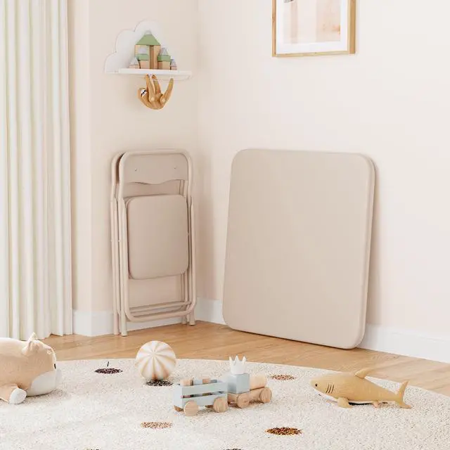 Alt view image 2 of 6 - 3-Piece Folding Upholstered Table and Chair Set with PU Soft Cushion, Square Card Table for Kids, Daycare and Classroom Use, Beige