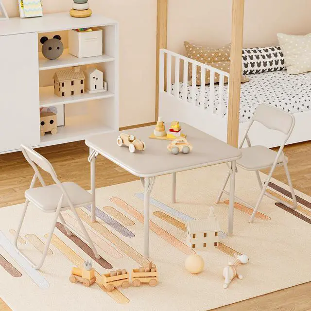 Alt view image 3 of 6 - 3-Piece Folding Upholstered Table and Chair Set with PU Soft Cushion, Square Card Table for Kids, Daycare and Classroom Use, Beige