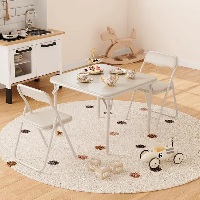 Alt view image 4 of 6 - 3-Piece Folding Upholstered Table and Chair Set with PU Soft Cushion, Square Card Table for Kids, Daycare and Classroom Use, Beige
