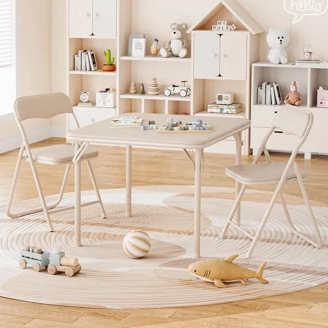 Alt view image 5 of 6 - 3-Piece Folding Upholstered Table and Chair Set with PU Soft Cushion, Square Card Table for Kids, Daycare and Classroom Use, Beige