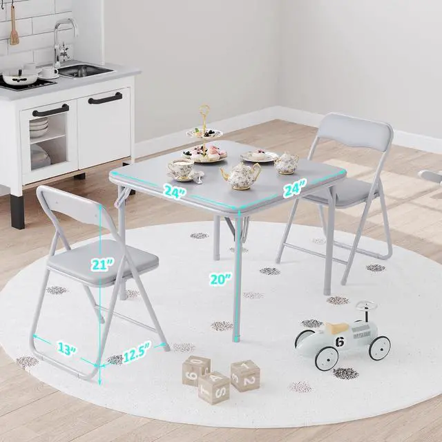 Alt view image 2 of 6 - 3-Piece Folding Card Table and Chairs Set with PU Cushion, 24 Inch Square Foldable Table with 2 Padded Chairs, Steel Frame for Kids, Game Room, Multipurpose Room, Indoor Use, Gray