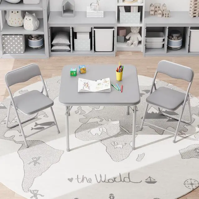 Alt view image 3 of 6 - 3-Piece Folding Card Table and Chairs Set with PU Cushion, 24 Inch Square Foldable Table with 2 Padded Chairs, Steel Frame for Kids, Game Room, Multipurpose Room, Indoor Use, Gray