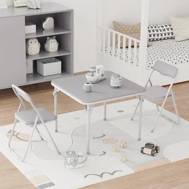 Alt view image 4 of 6 - 3-Piece Folding Card Table and Chairs Set with PU Cushion, 24 Inch Square Foldable Table with 2 Padded Chairs, Steel Frame for Kids, Game Room, Multipurpose Room, Indoor Use, Gray