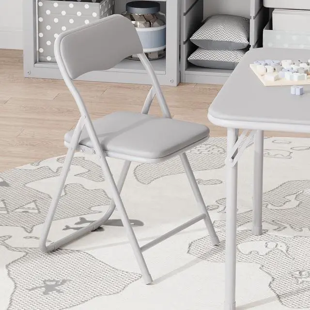 Alt view image 6 of 6 - 3-Piece Folding Card Table and Chairs Set with PU Cushion, 24 Inch Square Foldable Table with 2 Padded Chairs, Steel Frame for Kids, Game Room, Multipurpose Room, Indoor Use, Gray