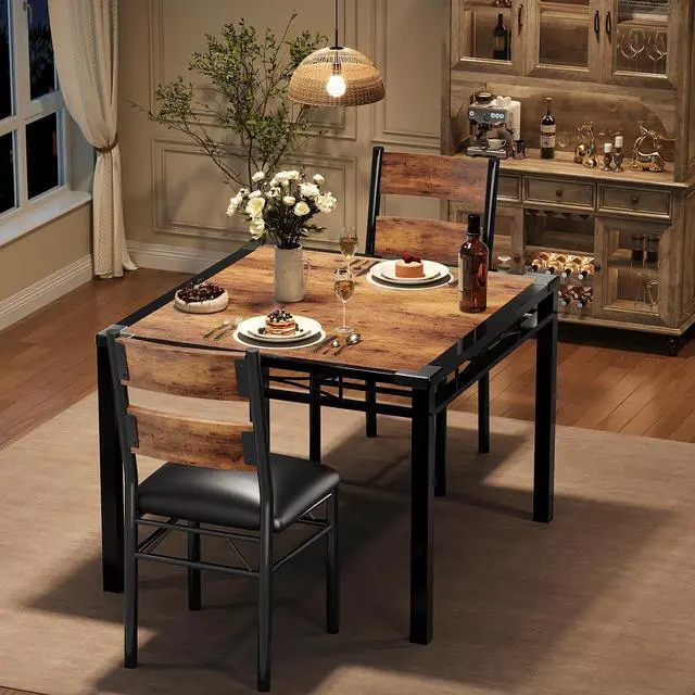 Main image of Dining Table Set for 2, Dining Table with 2 Upholstered Chairs, Wood 3-Piece Kitchen Dining Room Table Set with Corner Protector for Small Space, Kitchen, Apartment, Rustic Brown