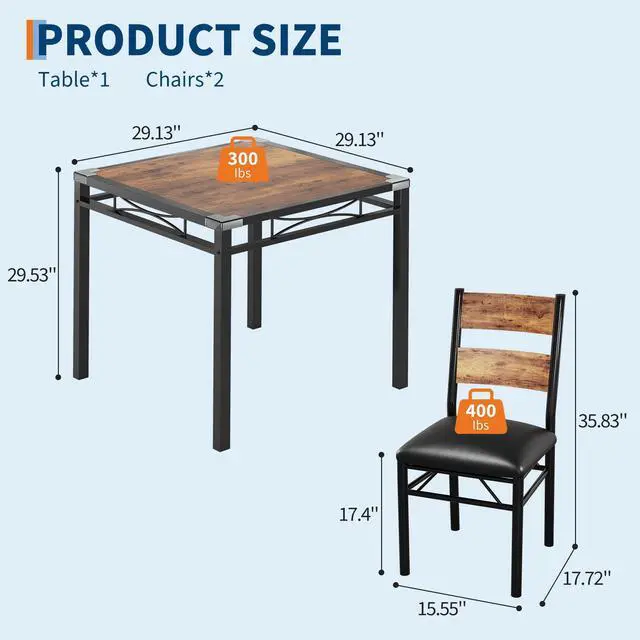 Alt view image 2 of 6 - Dining Table Set for 2, Dining Table with 2 Upholstered Chairs, Wood 3-Piece Kitchen Dining Room Table Set with Corner Protector for Small Space, Kitchen, Apartment, Rustic Brown