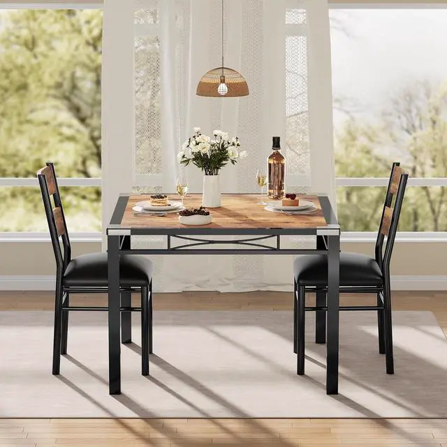 Alt view image 3 of 6 - Dining Table Set for 2, Dining Table with 2 Upholstered Chairs, Wood 3-Piece Kitchen Dining Room Table Set with Corner Protector for Small Space, Kitchen, Apartment, Rustic Brown