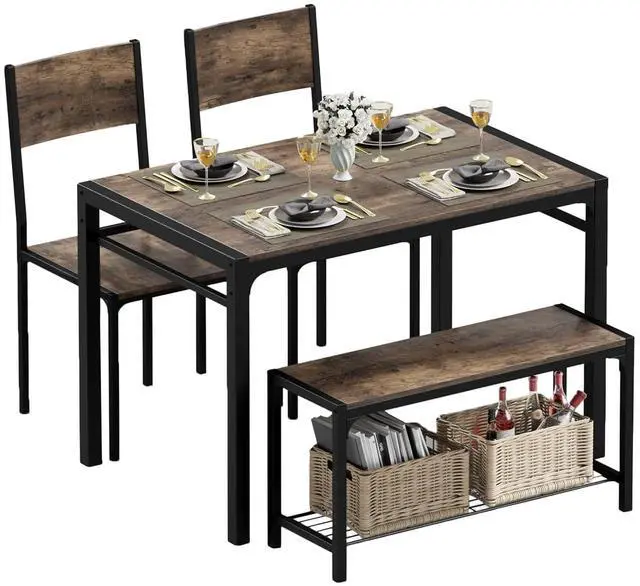 Main image of 43.3" Dining Table Set for 4, Kitchen Table with Bench & 2 Chairs Modern Rectangular Metal Frame Dining Furniture Set for Small Space (Rustic Brown)