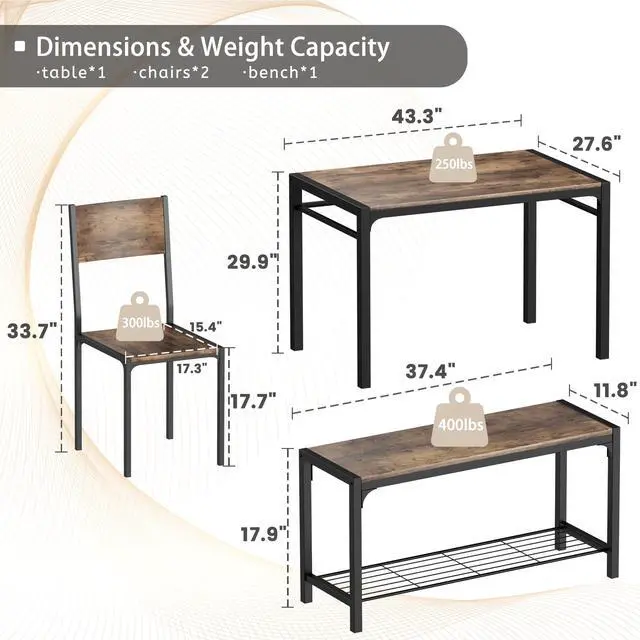 Alt view image 2 of 6 - 43.3" Dining Table Set for 4, Kitchen Table with Bench & 2 Chairs Modern Rectangular Metal Frame Dining Furniture Set for Small Space (Rustic Brown)