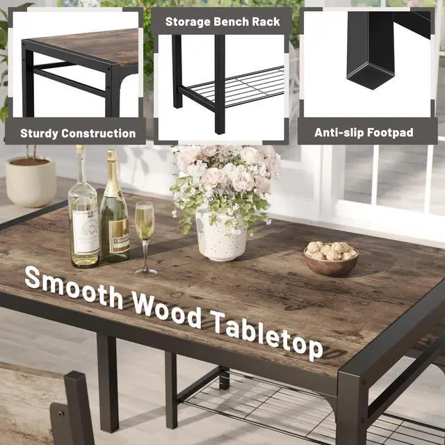 Alt view image 3 of 6 - 43.3" Dining Table Set for 4, Kitchen Table with Bench & 2 Chairs Modern Rectangular Metal Frame Dining Furniture Set for Small Space (Rustic Brown)