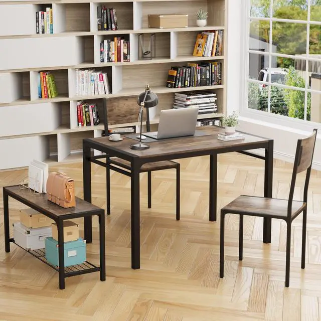 Alt view image 4 of 6 - 43.3" Dining Table Set for 4, Kitchen Table with Bench & 2 Chairs Modern Rectangular Metal Frame Dining Furniture Set for Small Space (Rustic Brown)
