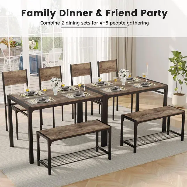 Alt view image 6 of 6 - 43.3" Dining Table Set for 4, Kitchen Table with Bench & 2 Chairs Modern Rectangular Metal Frame Dining Furniture Set for Small Space (Rustic Brown)