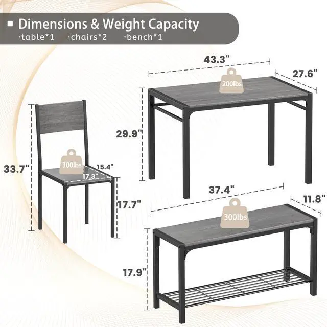 Alt view image 2 of 6 - 43.3" Dining Table Set for 4, Kitchen Table with Bench & 2 Chairs Modern Rectangular Metal Frame Dining Furniture Set for Small Space (Grey)