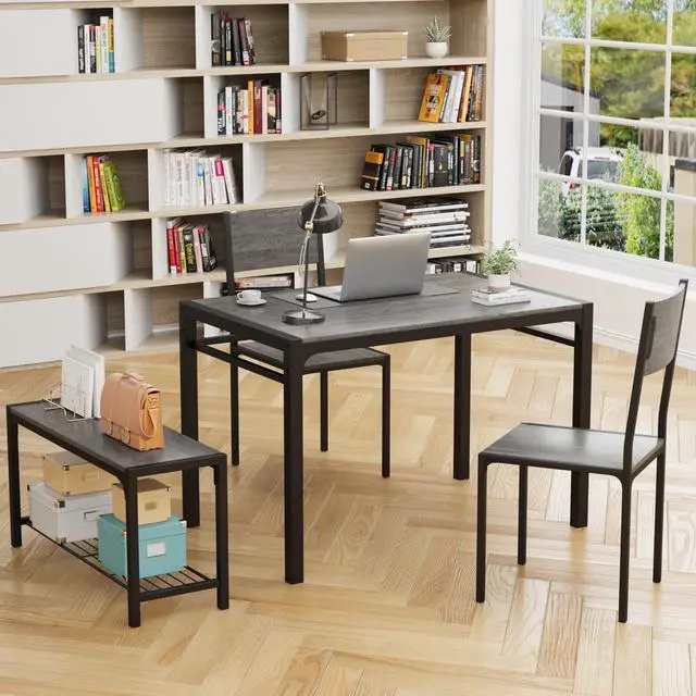 Alt view image 4 of 6 - 43.3" Dining Table Set for 4, Kitchen Table with Bench & 2 Chairs Modern Rectangular Metal Frame Dining Furniture Set for Small Space (Grey)