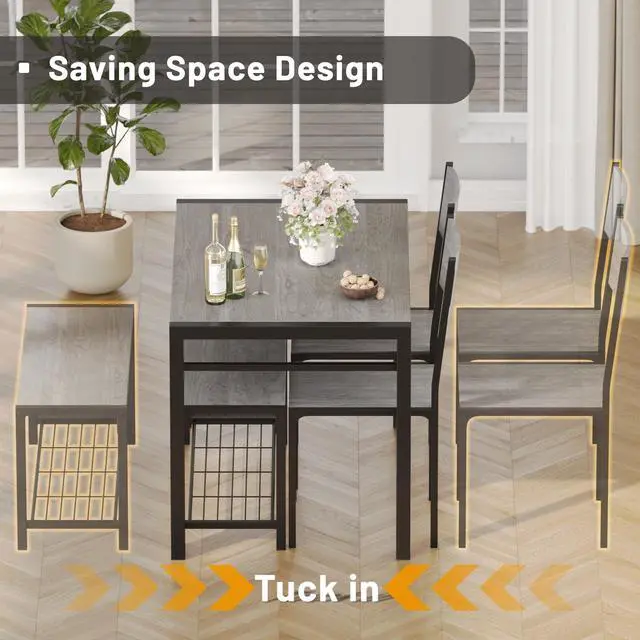 Alt view image 5 of 6 - 43.3" Dining Table Set for 4, Kitchen Table with Bench & 2 Chairs Modern Rectangular Metal Frame Dining Furniture Set for Small Space (Grey)