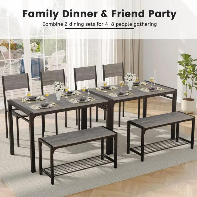 Alt view image 6 of 6 - 43.3" Dining Table Set for 4, Kitchen Table with Bench & 2 Chairs Modern Rectangular Metal Frame Dining Furniture Set for Small Space (Grey)