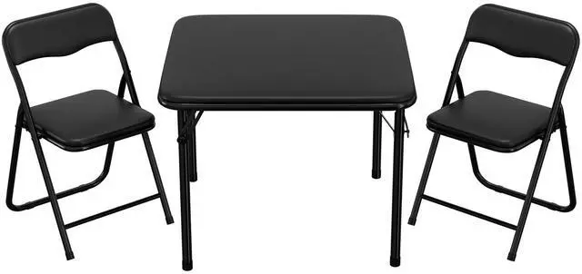 Main image of 3-Piece Folding Card Table and Chairs Set for Kids, 24 Inch Square Foldable Table with 2 PU Cushion Padded Chairs, Steel Frame Space Saving Set for Game Room, Multipurpose Room, Indoor Use, Black