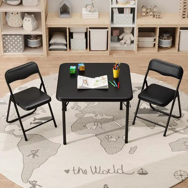 Alt view image 2 of 6 - 3-Piece Folding Card Table and Chairs Set for Kids, 24 Inch Square Foldable Table with 2 PU Cushion Padded Chairs, Steel Frame Space Saving Set for Game Room, Multipurpose Room, Indoor Use, Black