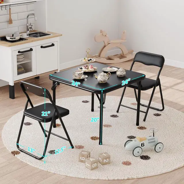 Alt view image 3 of 6 - 3-Piece Folding Card Table and Chairs Set for Kids, 24 Inch Square Foldable Table with 2 PU Cushion Padded Chairs, Steel Frame Space Saving Set for Game Room, Multipurpose Room, Indoor Use, Black