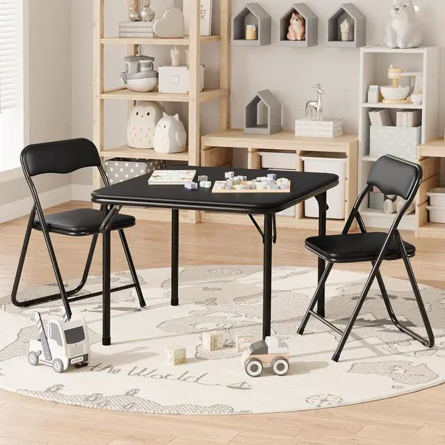 Alt view image 5 of 6 - 3-Piece Folding Card Table and Chairs Set for Kids, 24 Inch Square Foldable Table with 2 PU Cushion Padded Chairs, Steel Frame Space Saving Set for Game Room, Multipurpose Room, Indoor Use, Black