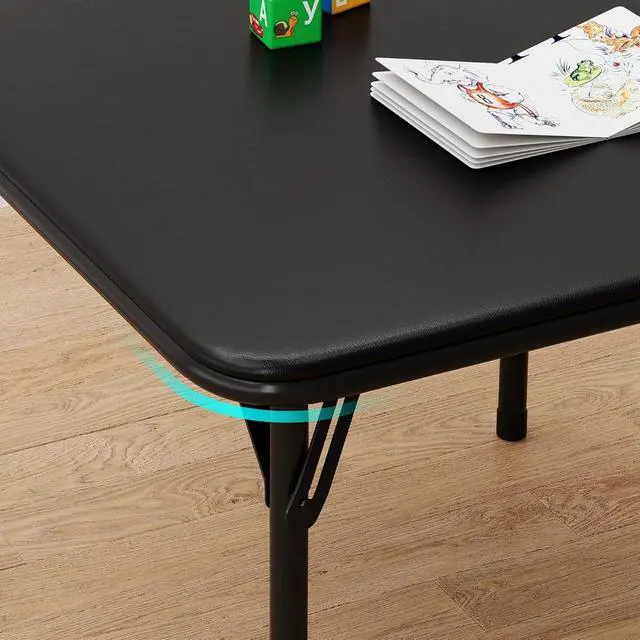 Alt view image 6 of 6 - 3-Piece Folding Card Table and Chairs Set for Kids, 24 Inch Square Foldable Table with 2 PU Cushion Padded Chairs, Steel Frame Space Saving Set for Game Room, Multipurpose Room, Indoor Use, Black