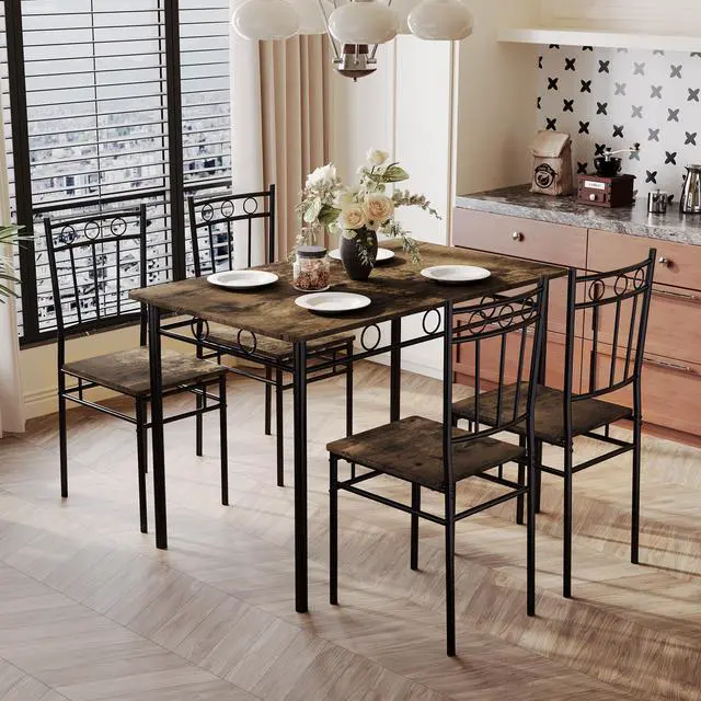 Main image of 5 Piece Dining Table Set, Modern Metal&Wood Kitchen Dinner Table with 4 Chairs, Dining Room Table Sets for Small Spaces, Brown