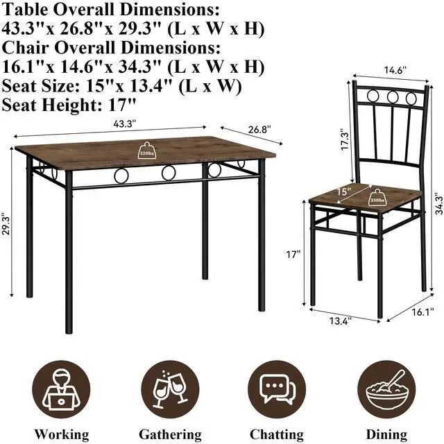 Alt view image 2 of 6 - 5 Piece Dining Table Set, Modern Metal&Wood Kitchen Dinner Table with 4 Chairs, Dining Room Table Sets for Small Spaces, Brown