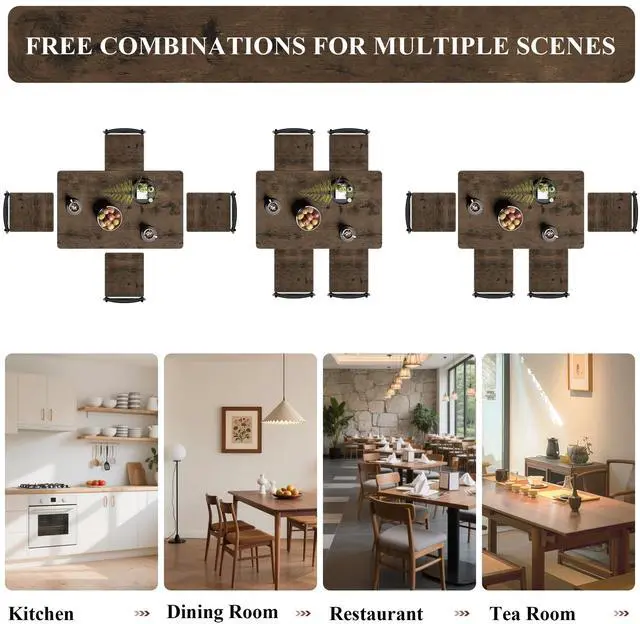Alt view image 3 of 6 - 5 Piece Dining Table Set, Modern Metal&Wood Kitchen Dinner Table with 4 Chairs, Dining Room Table Sets for Small Spaces, Brown