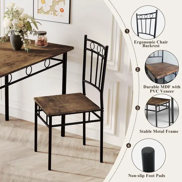 Alt view image 4 of 6 - 5 Piece Dining Table Set, Modern Metal&Wood Kitchen Dinner Table with 4 Chairs, Dining Room Table Sets for Small Spaces, Brown